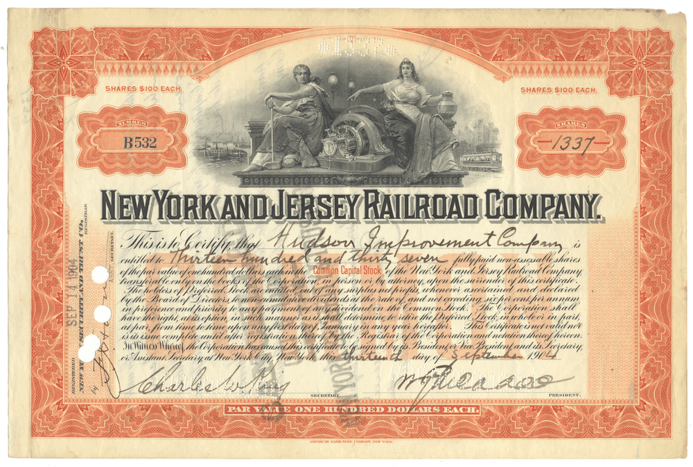 New York and Jersey Railroad Company stock certificate Signed by William Gibbs McAdoo and dated 1904
