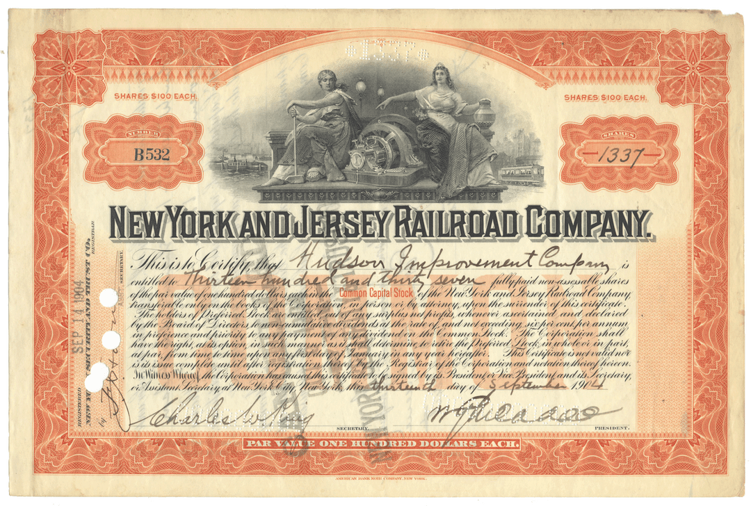New York and Jersey Railroad Company stock certificate Signed by William Gibbs McAdoo and dated 1904