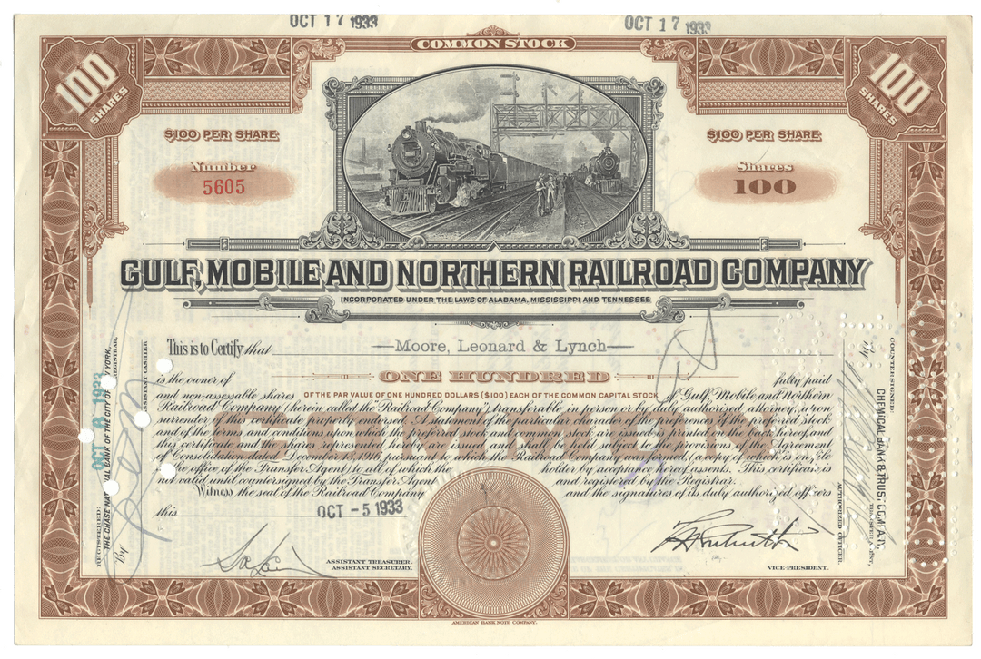 Gulf, Mobile and Northern Railroad Company stock certificate with train illustration