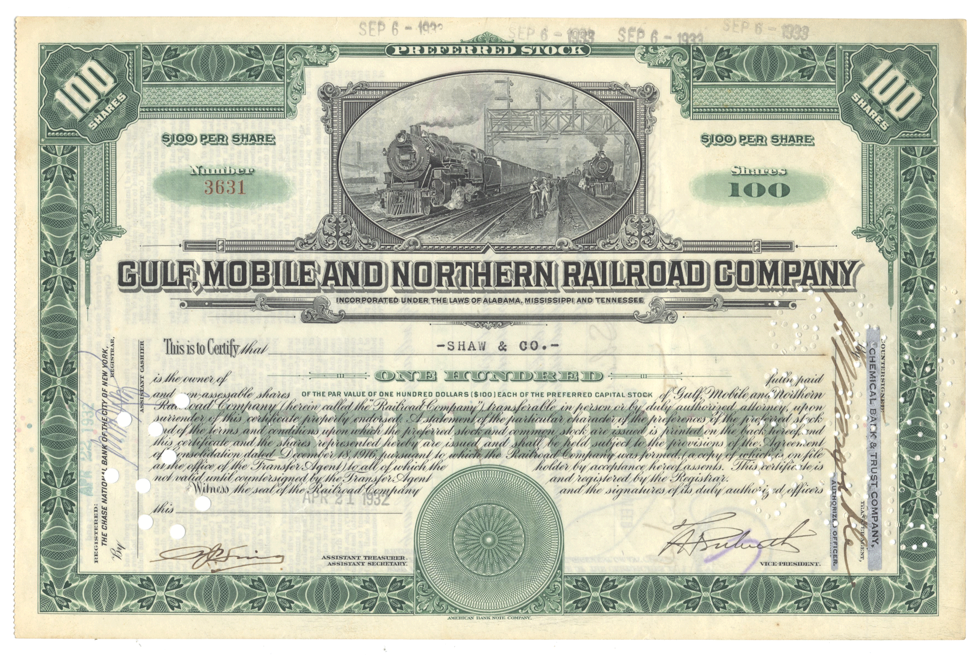 Gulf, Mobile and Northern Railroad Company stock certificate with train illustration