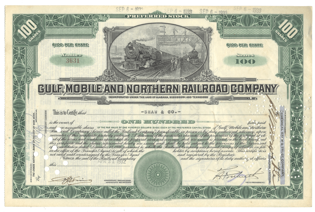 Gulf, Mobile and Northern Railroad Company stock certificate with train illustration