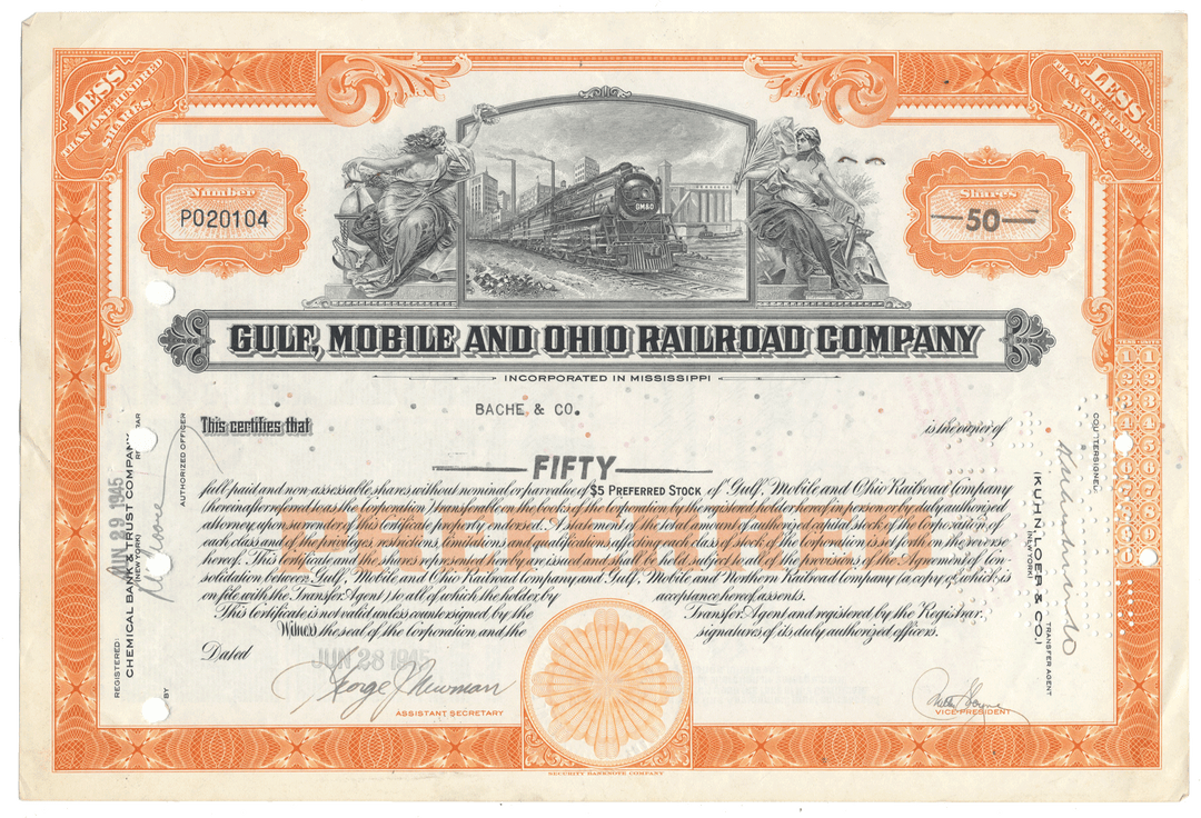 A vintage stock certificate from the Gulf, Mobile and Ohio Railroad Company from 1945 with am engraved illustration of a train