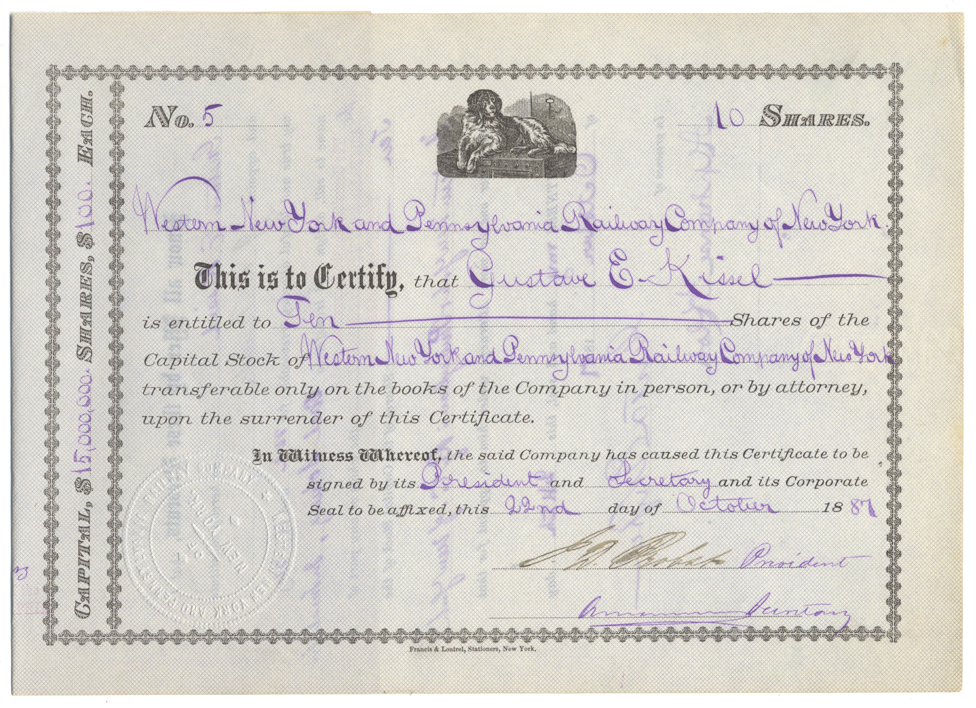 Western New York and Pennsylvania Railway Company of New York Stock Certificate