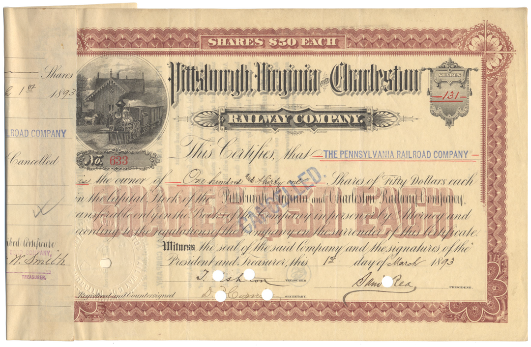 Pittsburgh, Virginia and Charleston Railway Company Stock Certificate