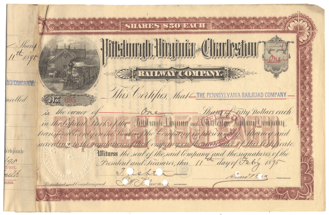 An antique Pittsburgh, Virginia & Charleston Railway Company stock certificate from 1895