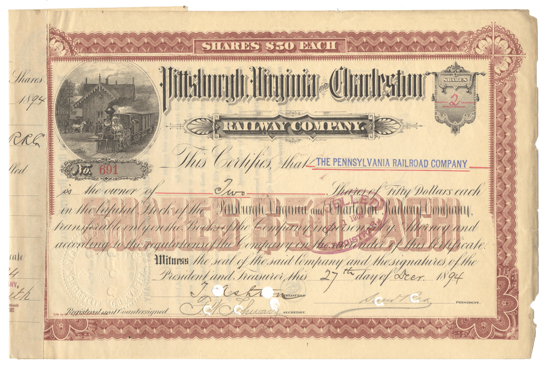 An antique 1894 Pittsburgh, Wilmington and Charleston Railway Company stock certificate