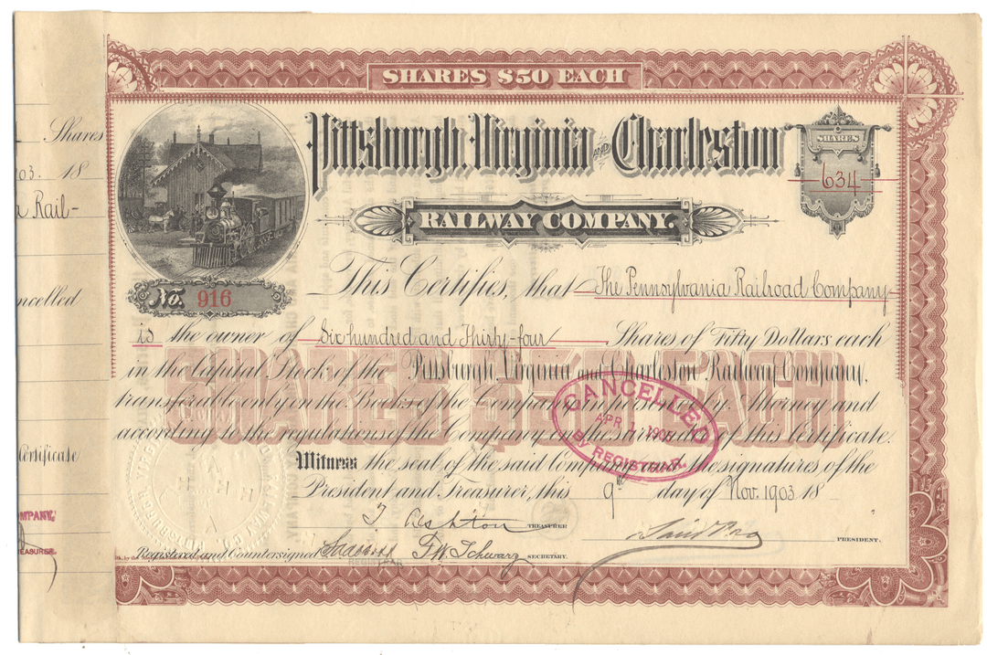 Historical stock certificate of the Pittsburgh, Virginia and Charles Town Railway Company