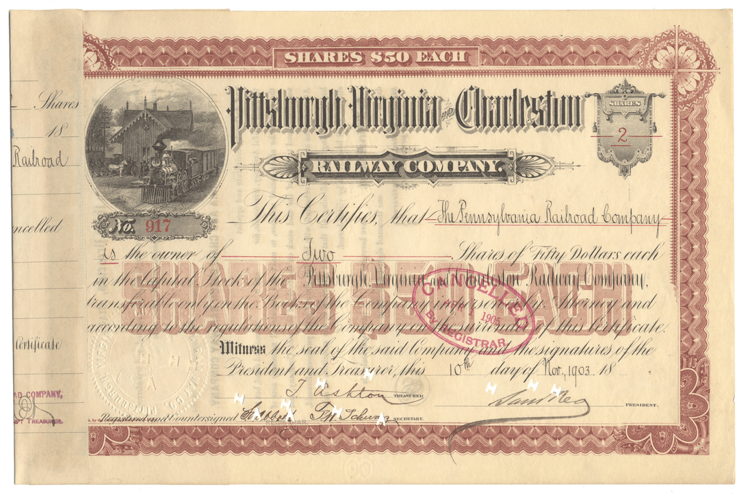 Pittsburgh, Virginia and Charleston Railway Company stock certificate from 1903