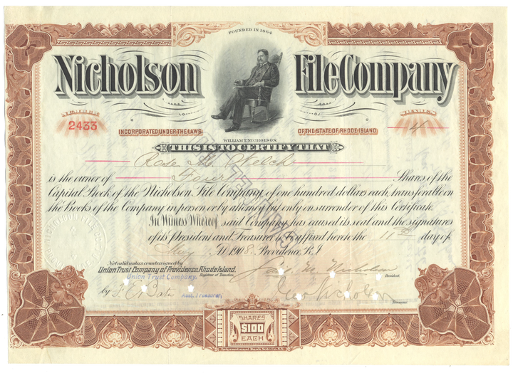 Nicholson File Company Stock Certificate