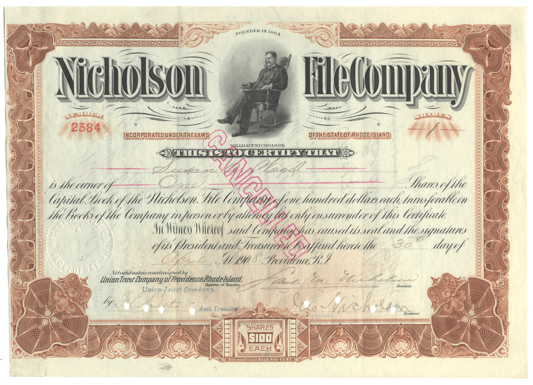 Nicholson File Company Stock Certificate