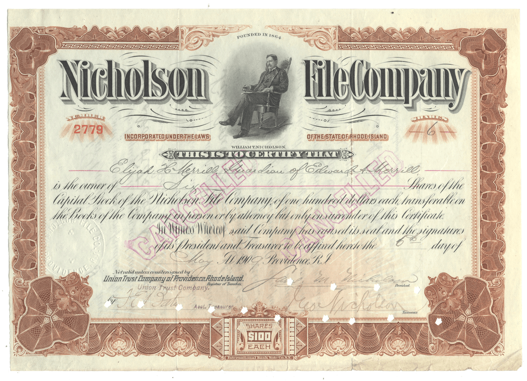Nicholson File Company stock certificate from 1909