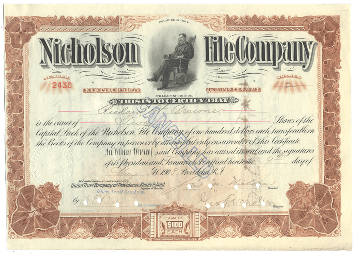 Nicholson File Company Stock Certificate