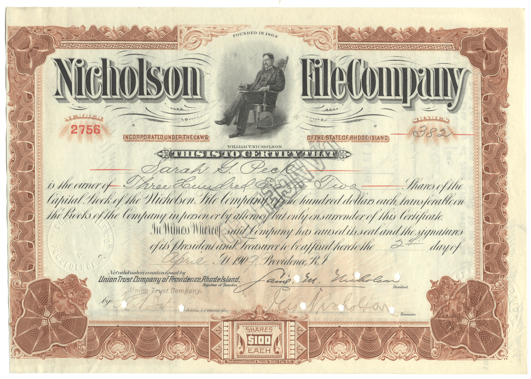 Nicholson File Company Stock Certificate