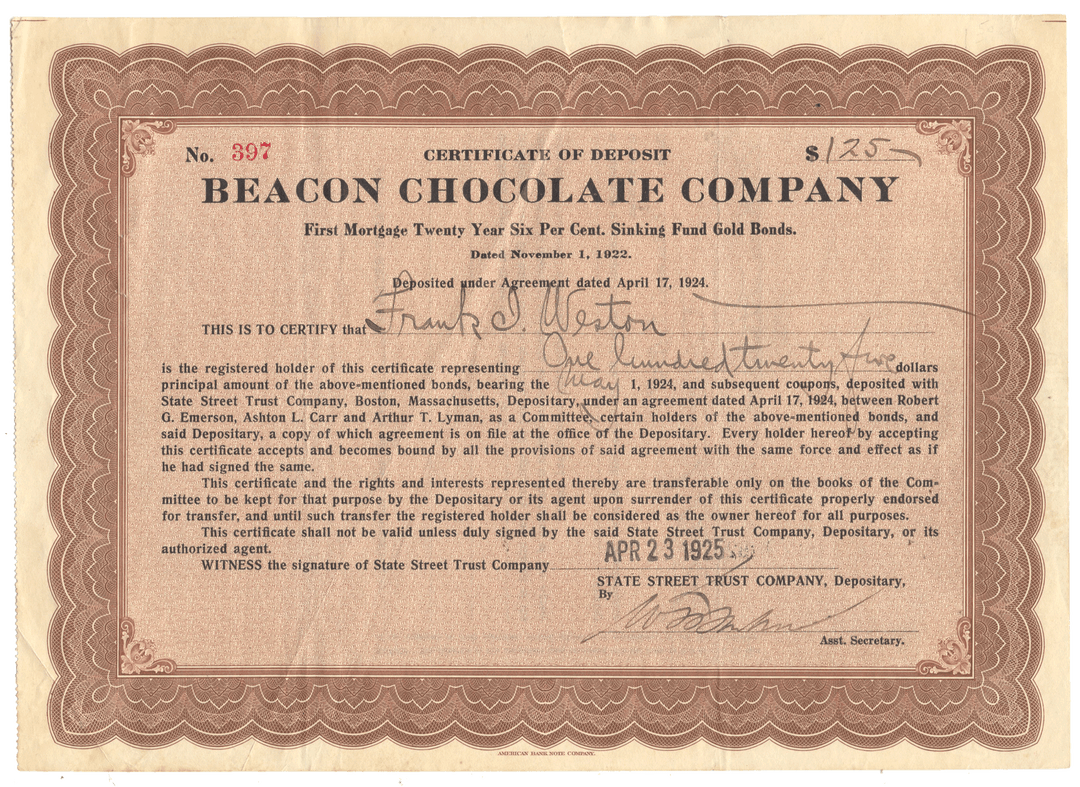 Certificate of deposit from Beacon Chocolate Company from 1925