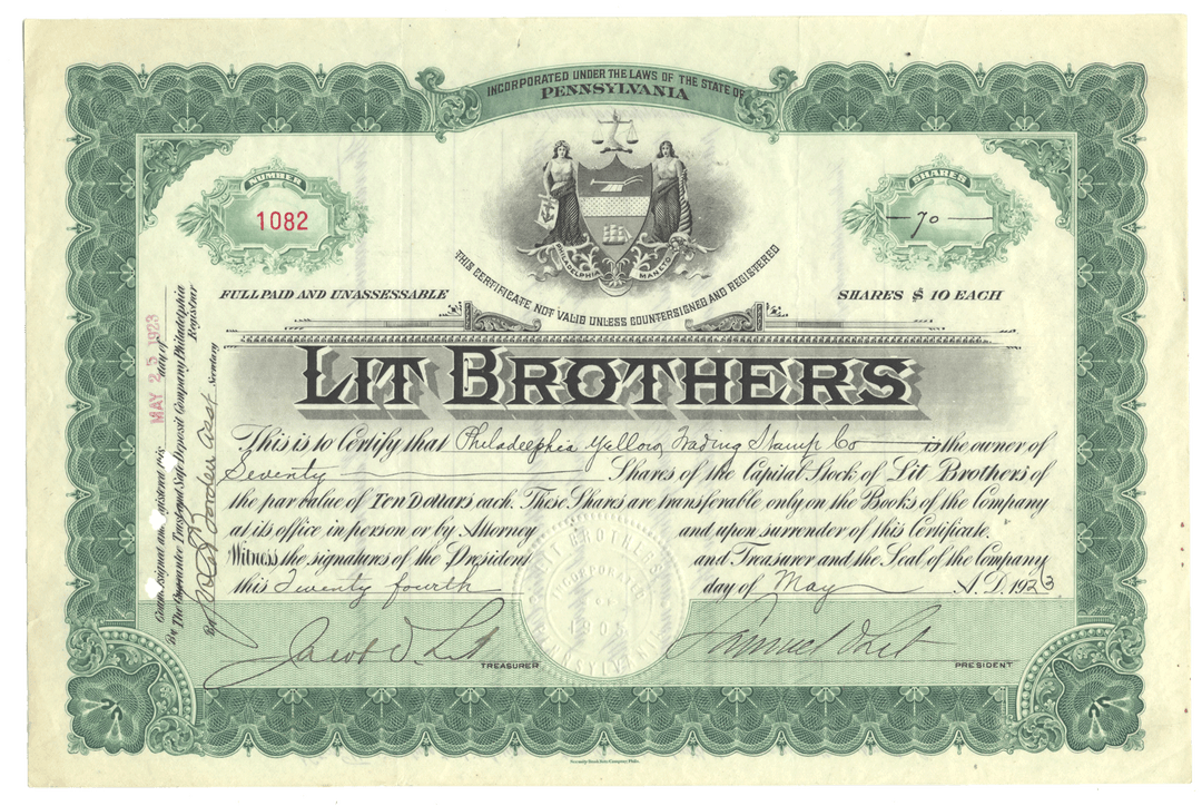 Vintage stock certificate for Lit Brothers with green border and text from 1923