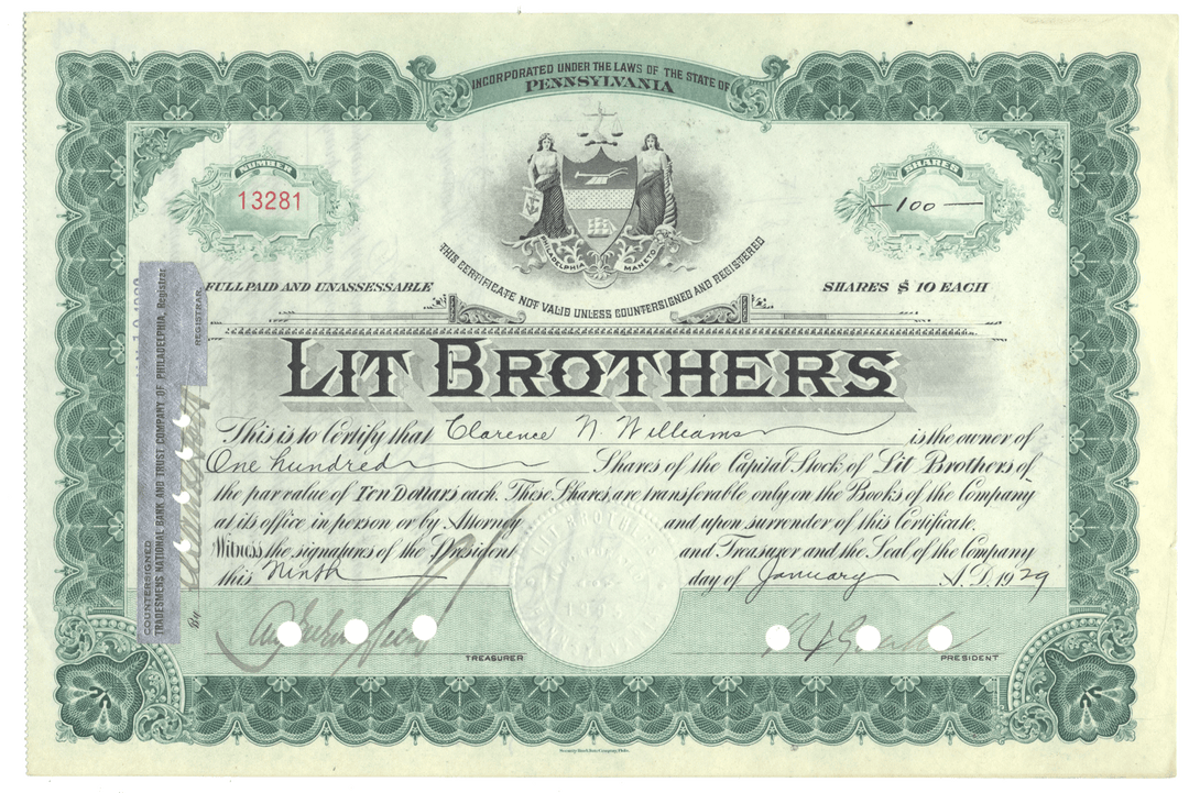 A vintage Lit Brothers stock certificate from 1929