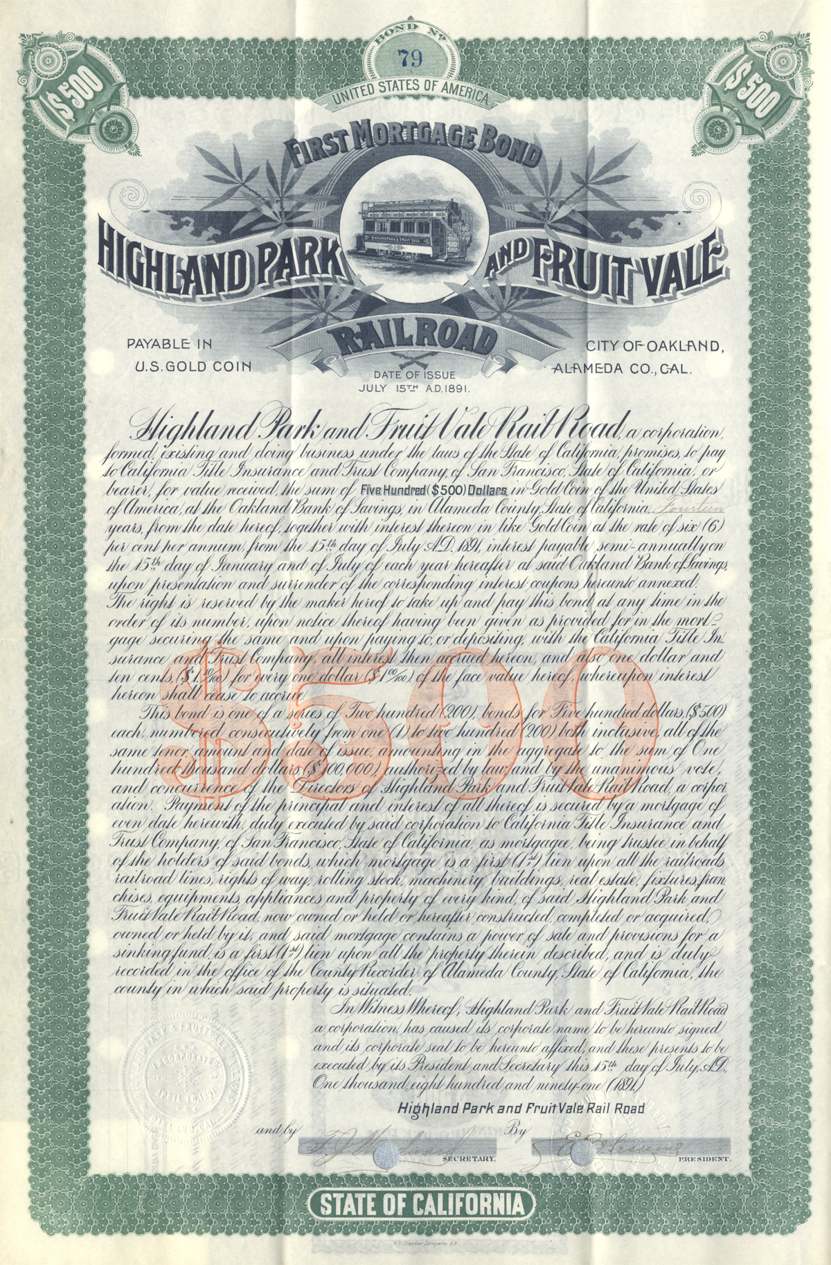 Highland Park and Fruit Vale Railroad Bond Certificate