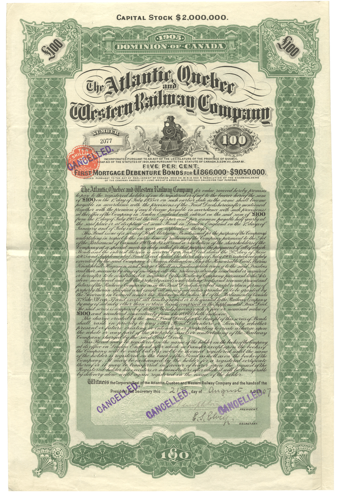 Vintage bond certificate for The Atlantic, Quebec and Western Railway Company with green and white design.