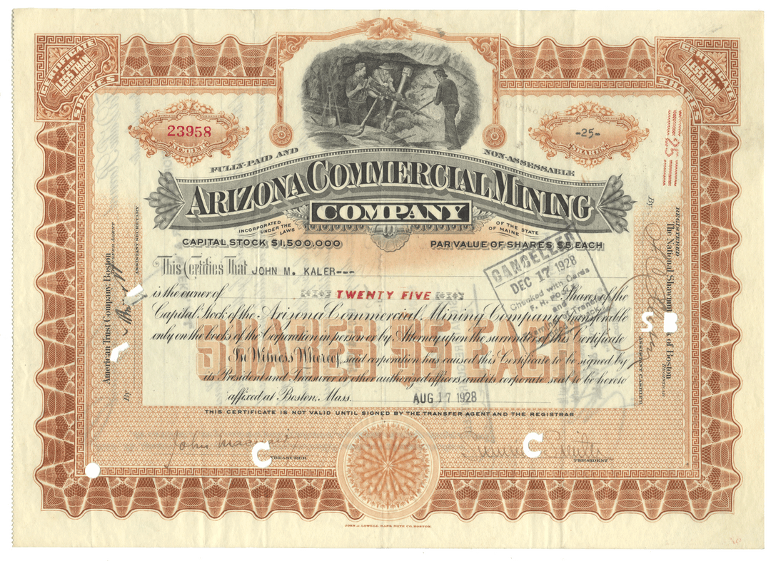 Vintage stock certificate for the Arizona Commercial Mining Company with decorative elements.