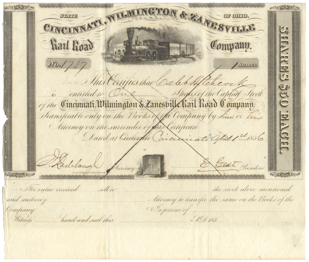 Cincinnati, Wilmington & Zanesville Rail Road Company Stock Certificate