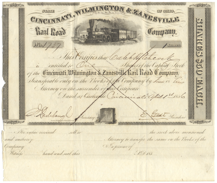 Cincinnati, Wilmington & Zanesville Rail Road Company Stock Certificate