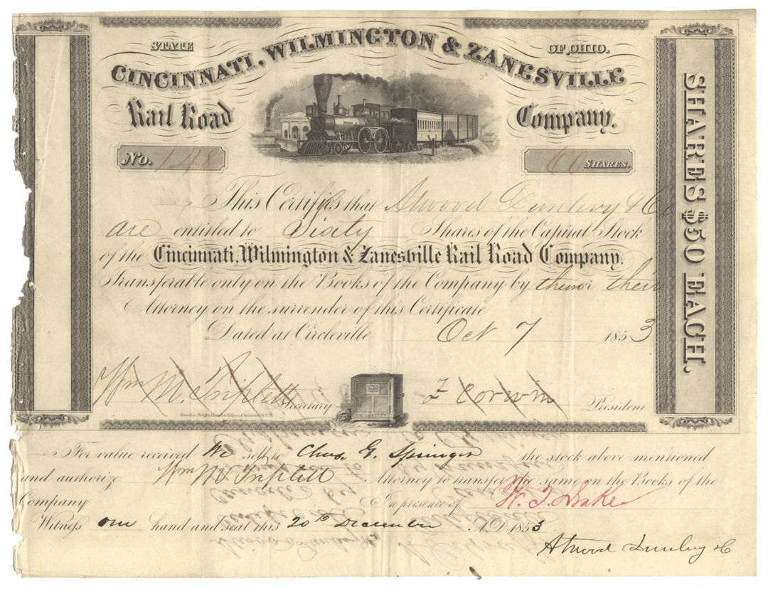 An antique stock certificate from the Cincinnati, Wilmington & Zanesville Rail Road Company, dated 1853, featuring a vintage steam locomotive illustration and handwritten details.