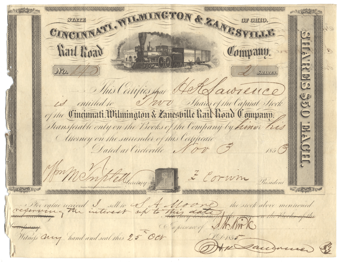 An antique stock certificate for the Cincinnati, Wilmington & Zanesville Rail Road Company, dated 1853