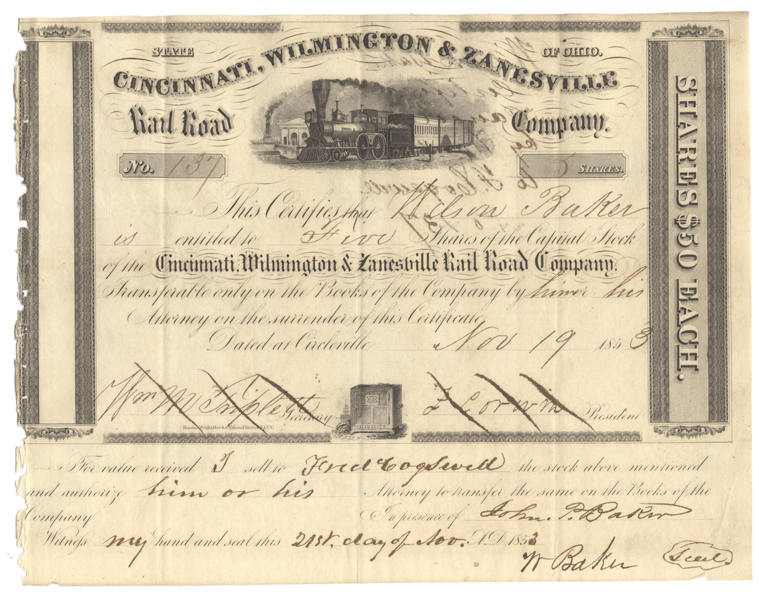 An antique stock certificate for the Cincinnati, Wilmington & Zanesville Rail Road Company, dated 1853