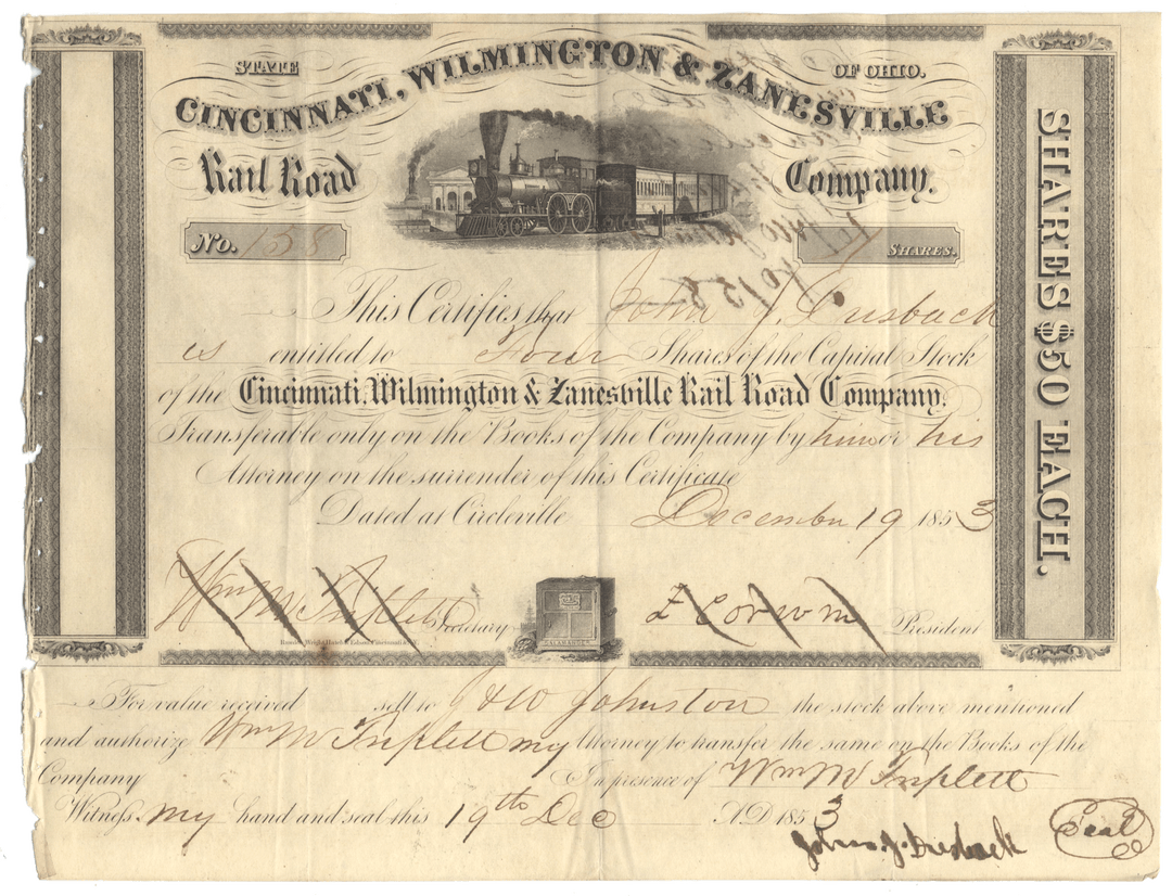 Historical stock certificate for Cincinnati, Wilmington & Zanesville Railroad Company with steam locomotive illustration.
