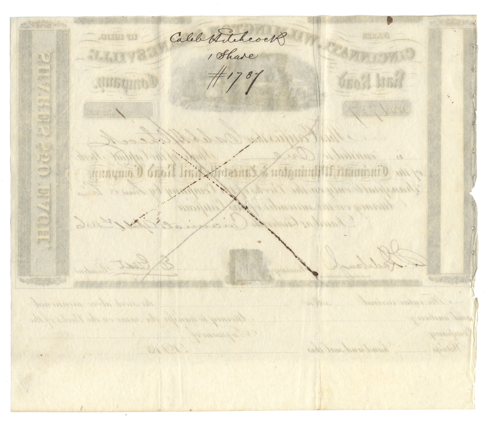 Cincinnati, Wilmington & Zanesville Rail Road Company Stock Certificate