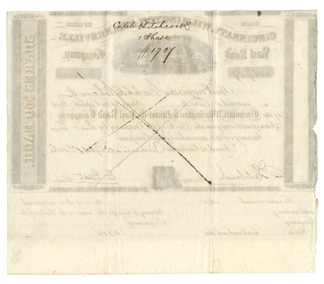 Cincinnati, Wilmington & Zanesville Rail Road Company Stock Certificate