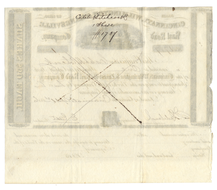 Cincinnati, Wilmington & Zanesville Rail Road Company Stock Certificate