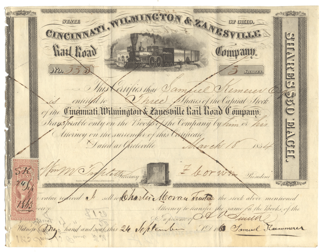 Historical stock certificate for Cincinnati, Wilmington & Zanesville Railroad Company with steam locomotive illustration from 1854
