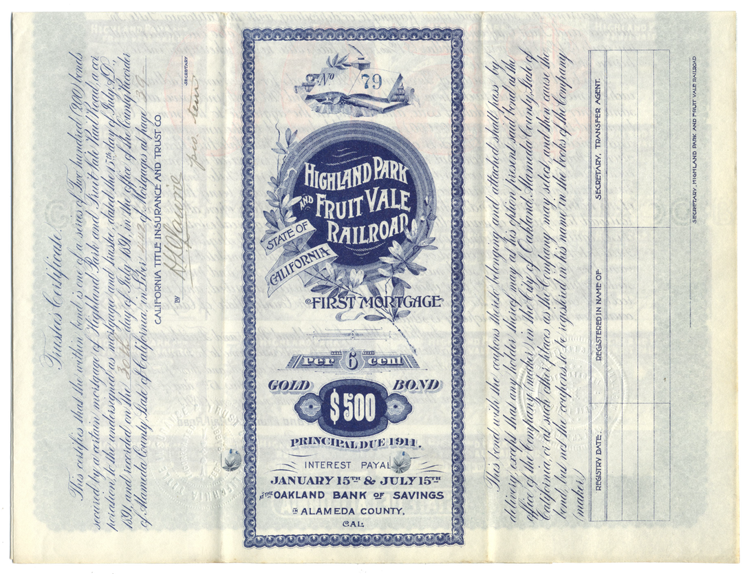 Highland Park and Fruit Vale Railroad Bond Certificate