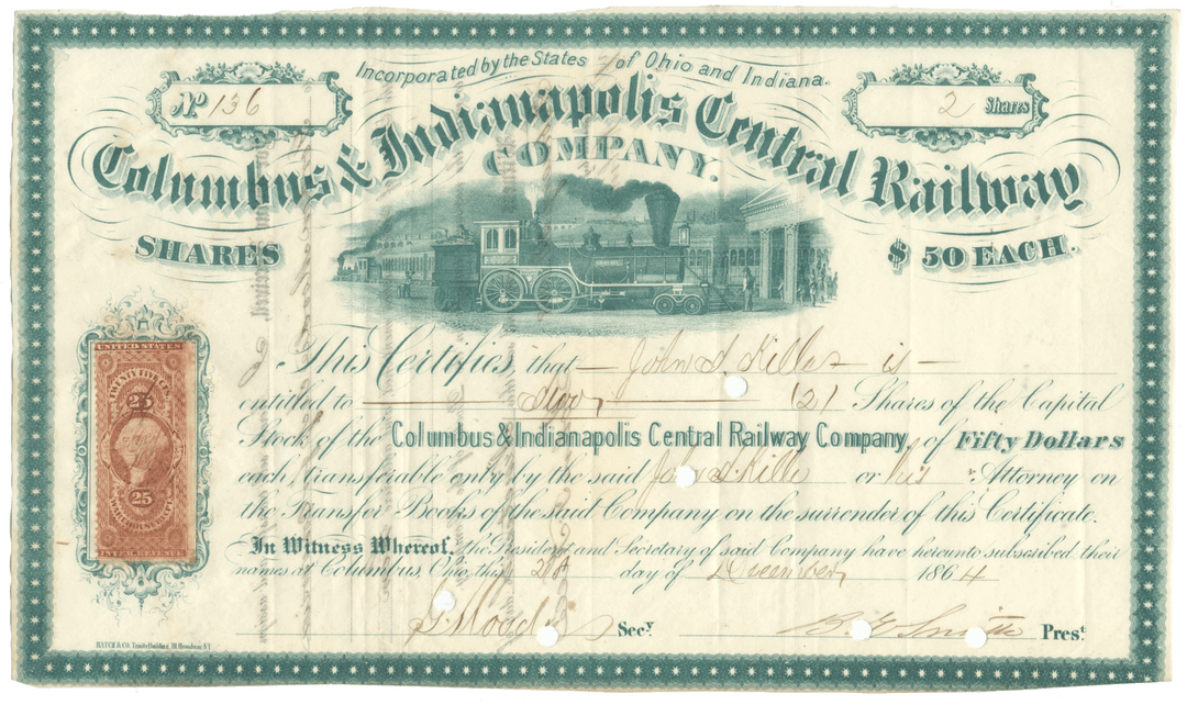 Historical stock certificate for Columbus & Indianapolis Central Railway Company with train illustration from 1864