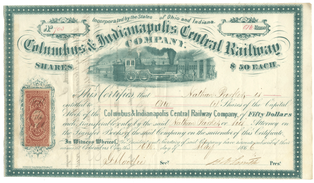 Historical stock certificate for Columbus & Indianapolis Central Railway Company with train illustration.