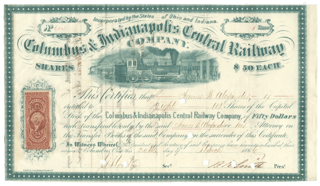 A vintage 1866 Columbus & Indianapolis Central Railway company stock certificate featuring a central illustration of a steam locomotive