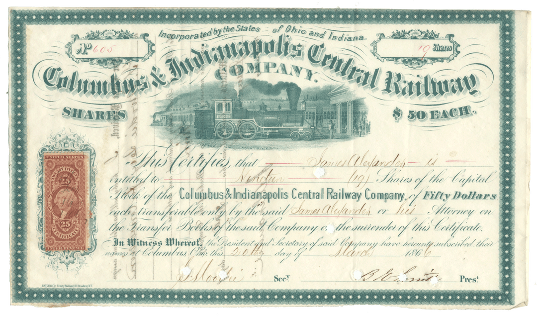 An antique stock certificate for the Columbus & Indianapolis Central Railway Company from 1866 featuring a vintage green and black train illustration