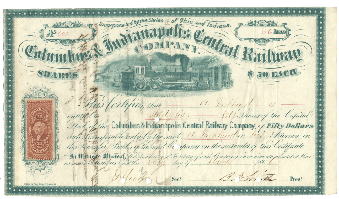 Columbus & Indianapolis Central Railway Stock Certificate