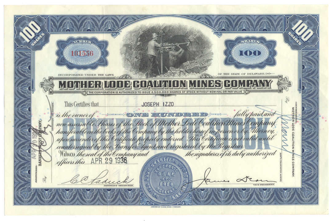 Mother Lode Coalition Mines Company Stock Certificate