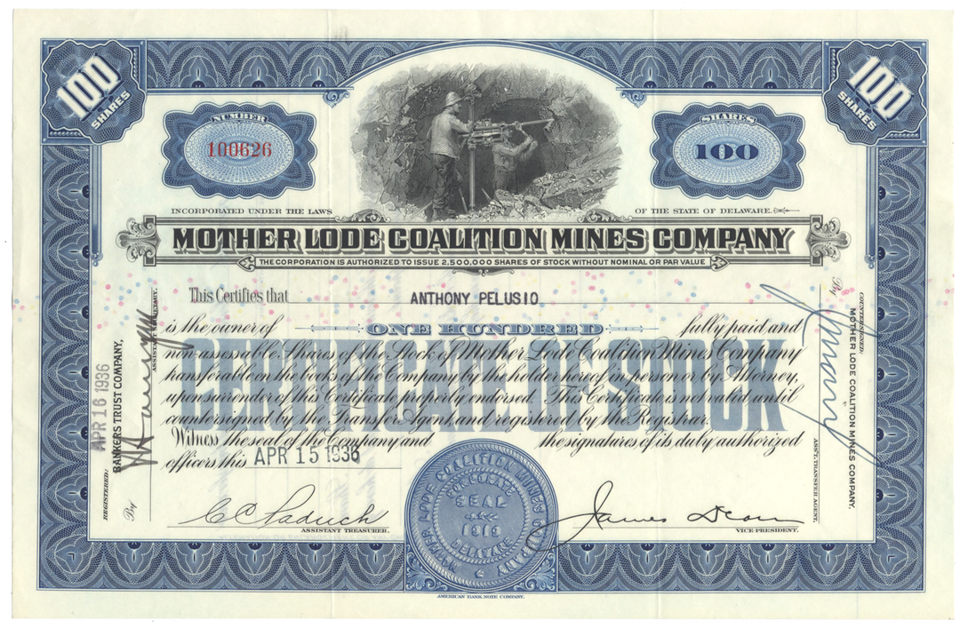 Mother Lode Coalition Mines Company Stock Certificate