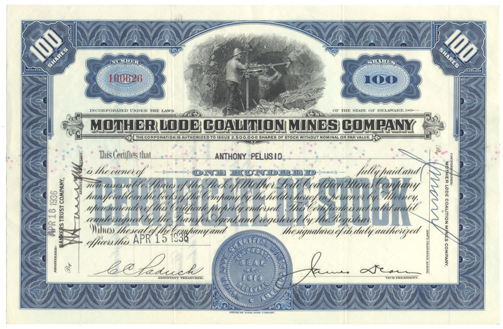 Mother Lode Coalition Mines Company Stock Certificate