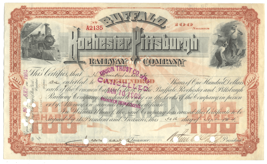 Buffalo, Rochester & Pittsburgh Railway Company stock certificate from 1904