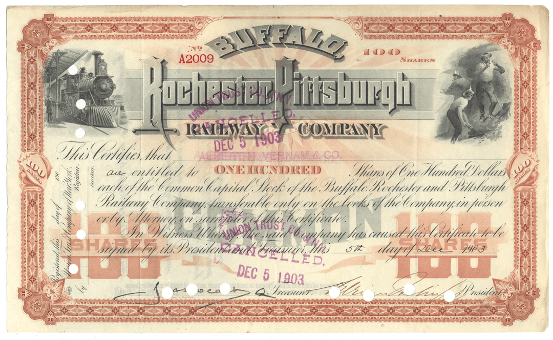Vintage stock certificate from the Buffalo, Rochester & Pittsburgh Railway Company from 1903