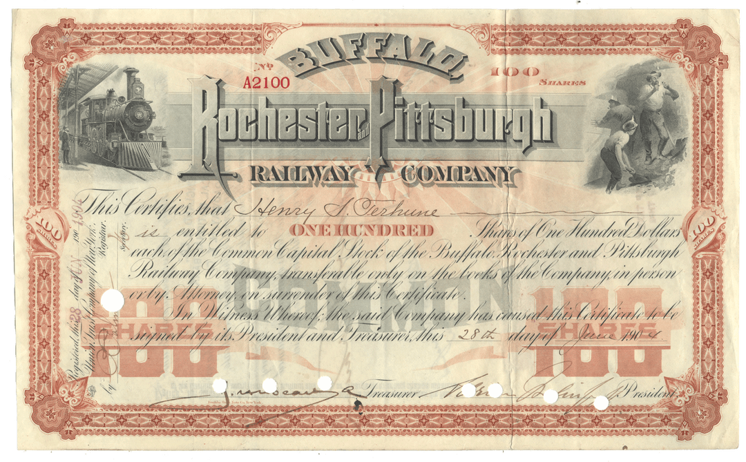 An antique Buffalo, Rochester, and Pittsburgh Railway Company stock certificate from 1904