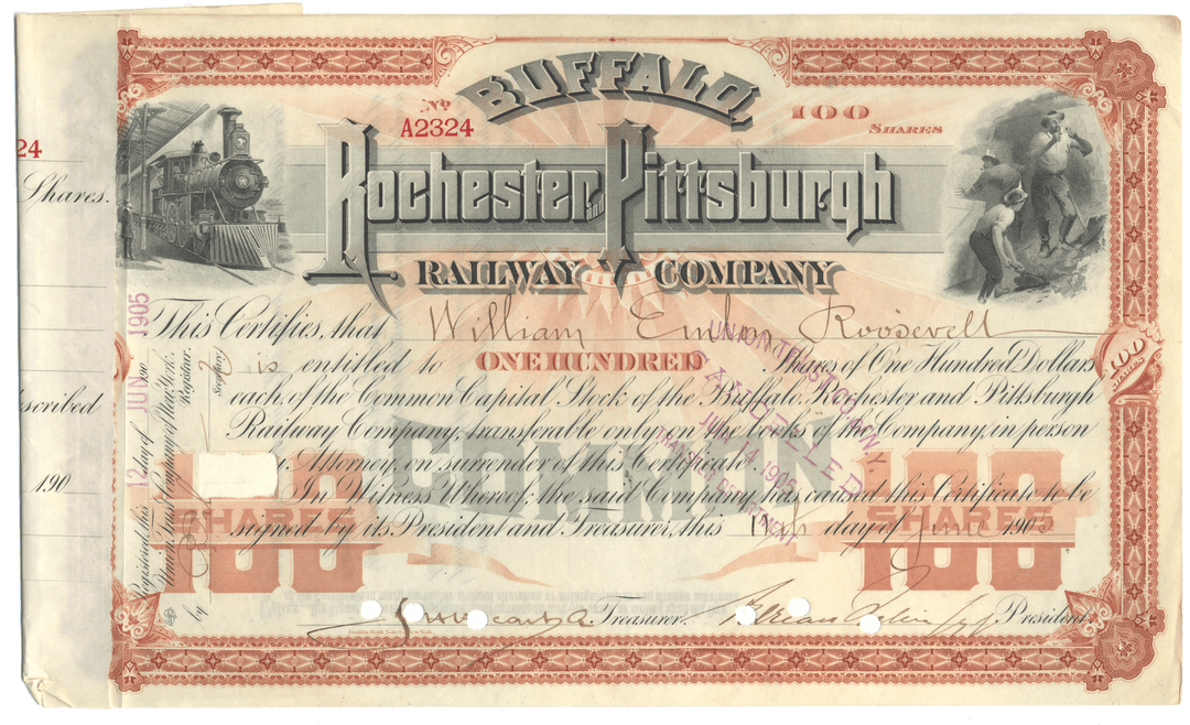Buffalo, Rochester and Pittsburgh Railway Company Stock Certificate Issued to William Emlen Roosevelt