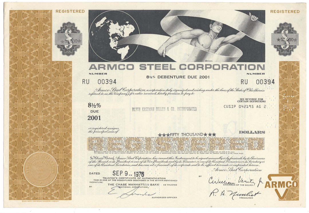 A vintage Armco Steel Corporation registered debenture certificate dated September 9, 1976