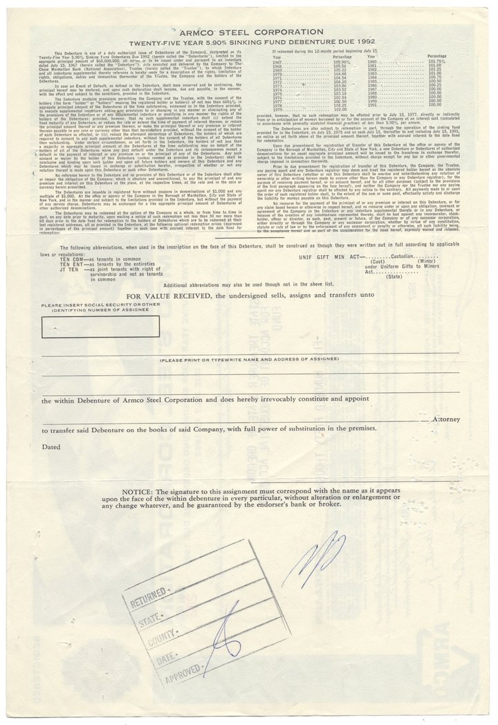 Armco Steel Corporation Bond Certificate