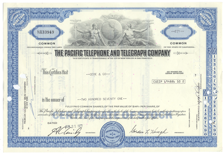 Pacific Telephone and Telegraph Company Stock Certificate