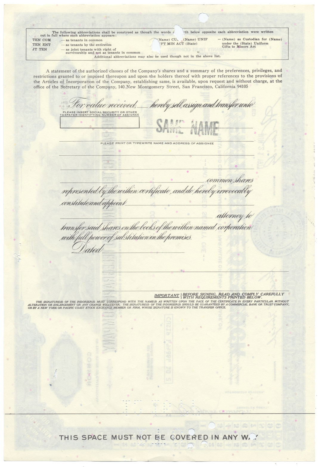 Pacific Telephone and Telegraph Company Stock Certificate